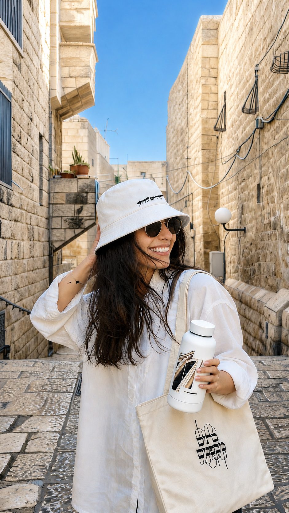 בתים מבפנים — תיק בד ובקבוק ממותגים
