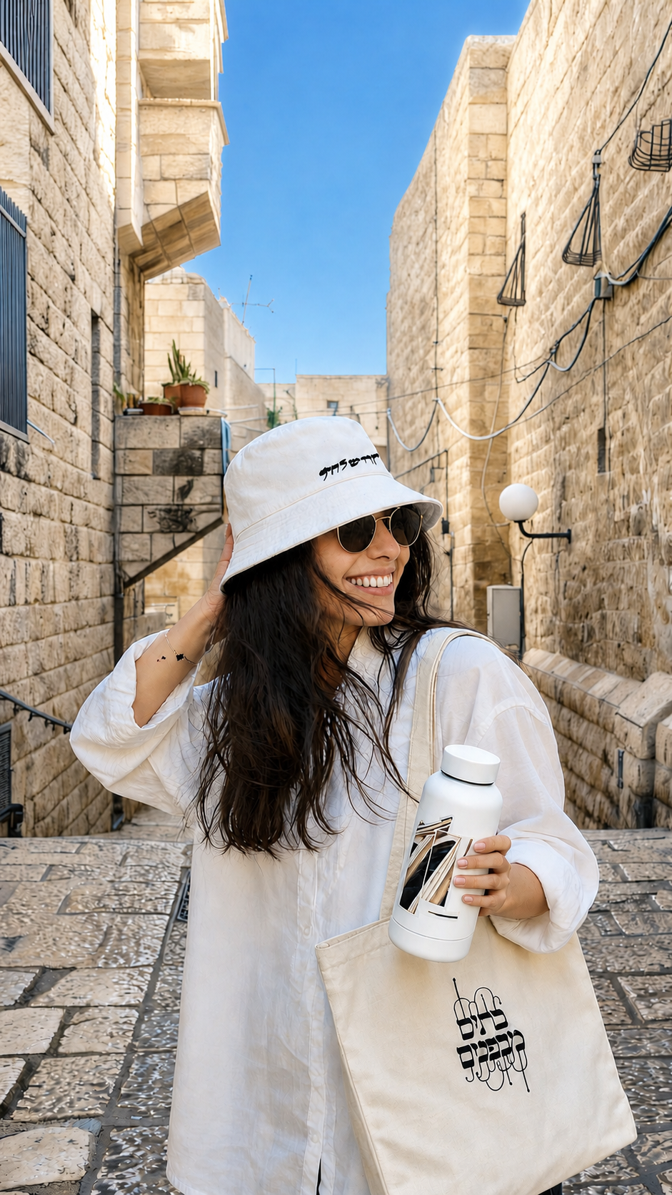 בתים מבפנים — תיק בד ובקבוק ממותגים