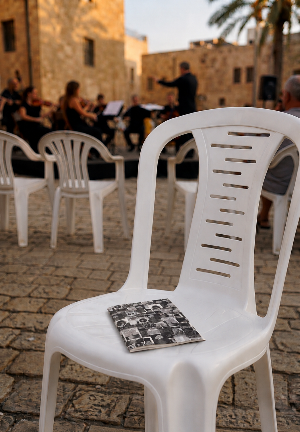 צלילים בין הבתים — כיסא עם חוברת הפסטיבל ברחבת יפו
