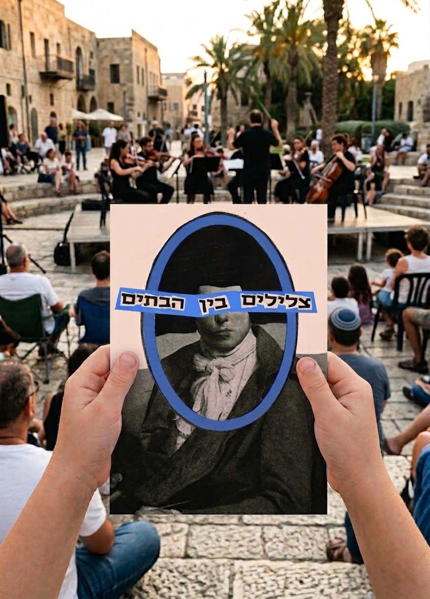 צלילים בין הבתים — ידיים מחזיקות את הפוסטר מול הקהל